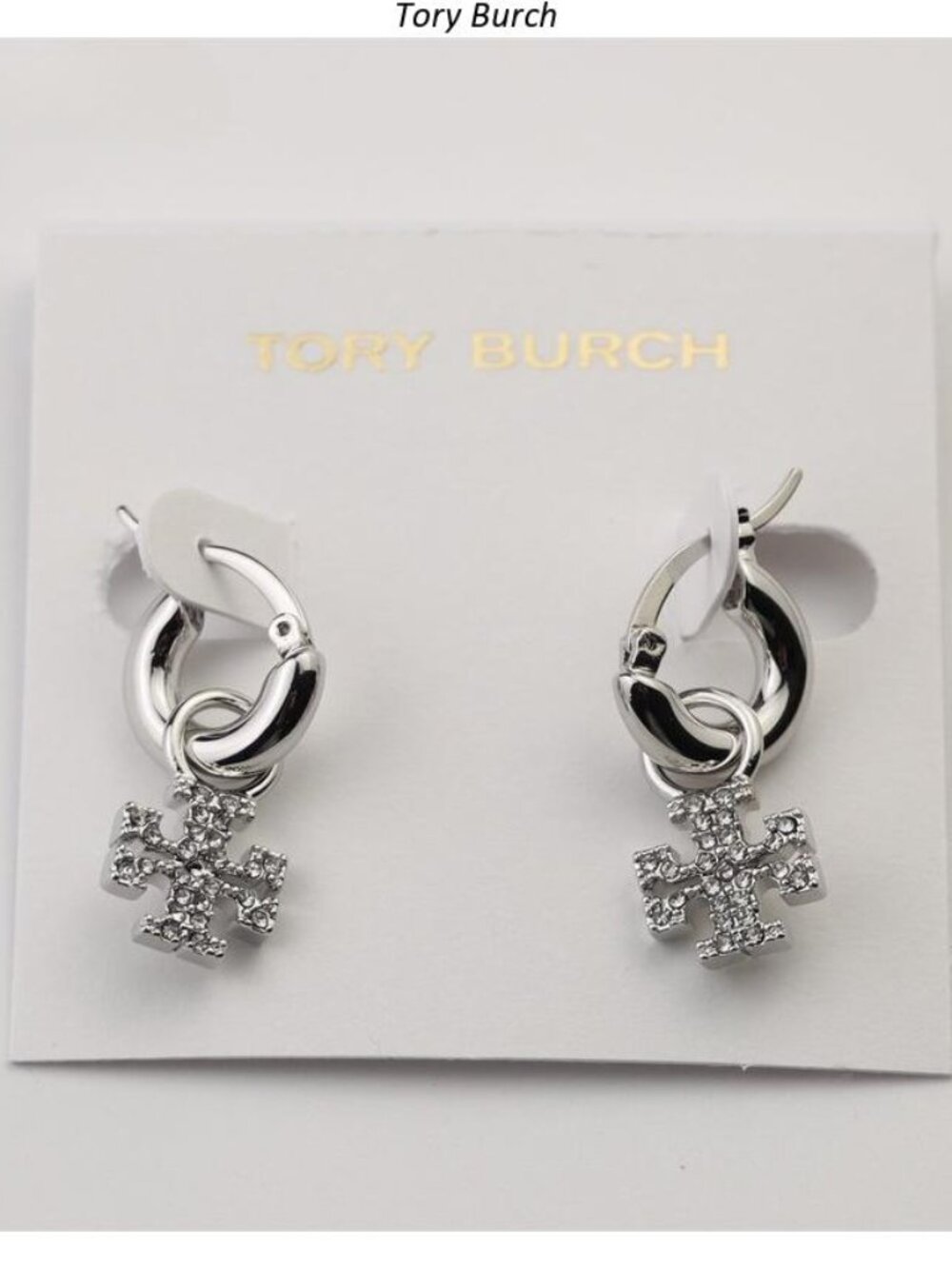 Tory Burch Silver Crystal Logo Hoop Drop Earrings